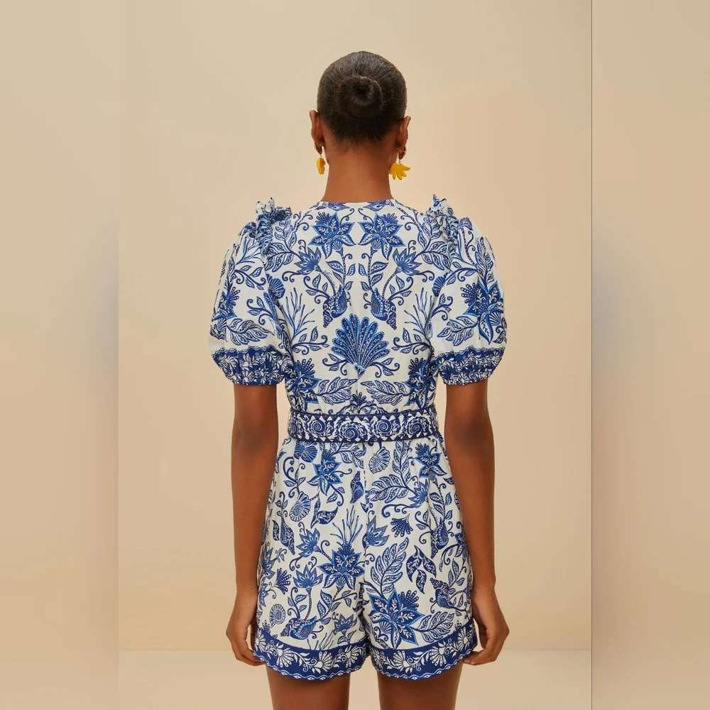 NEW FARM Rio blue & off-white shell garden 100% organic cotton Romper Size Small - Picture 11 of 13